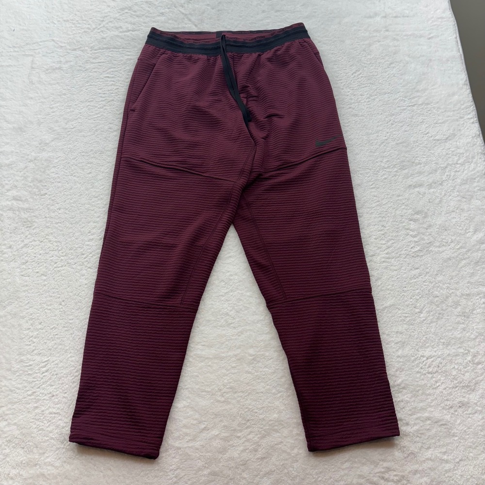 Nike Pro Dri-FIT Men Burgundy Textured Tapered Training Pants Joggers Large